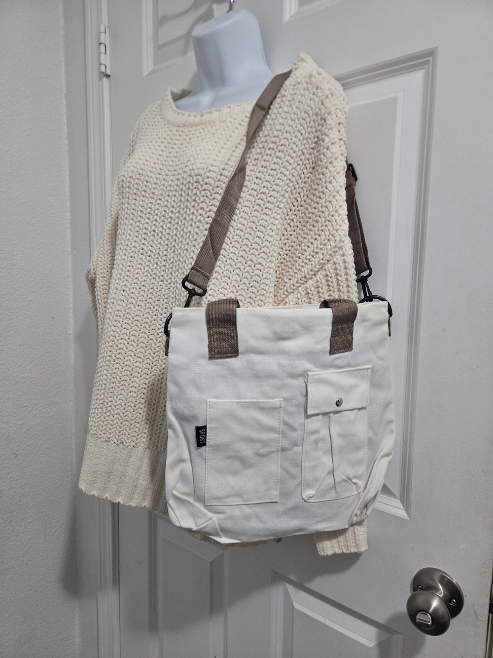 Canvas Tote Bag with Brown Strap - Casual  Shoulder Bag